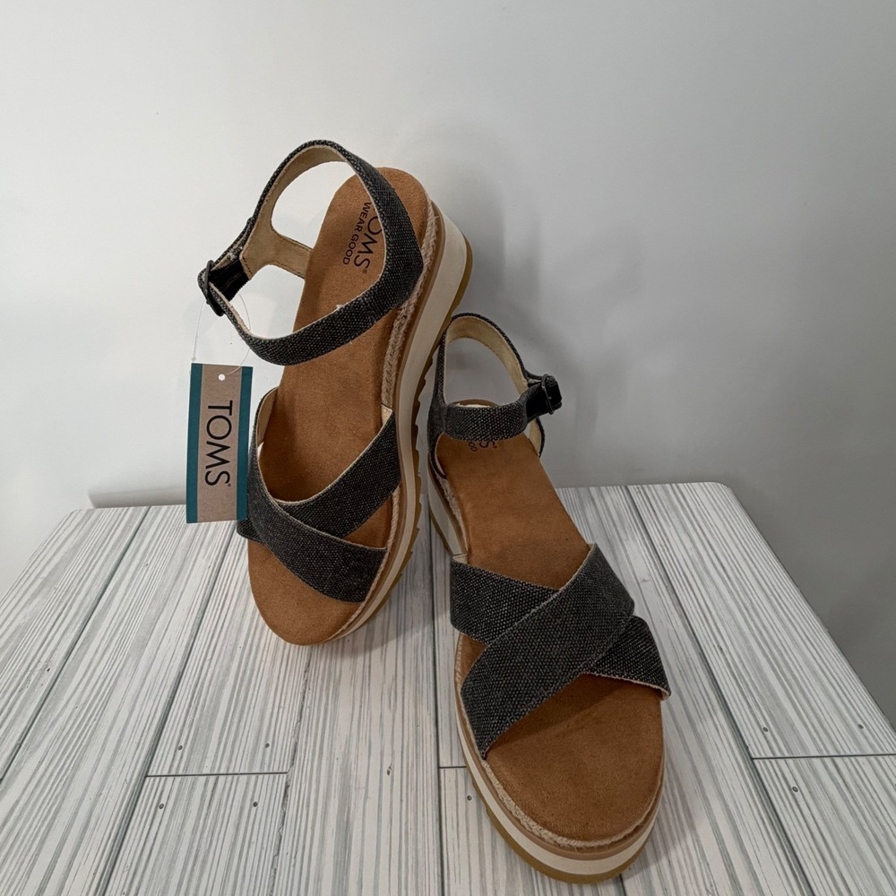 TOMS Gia Black Chambray Canvas Platform Espadrille Sandals Womens 8.5 NEW